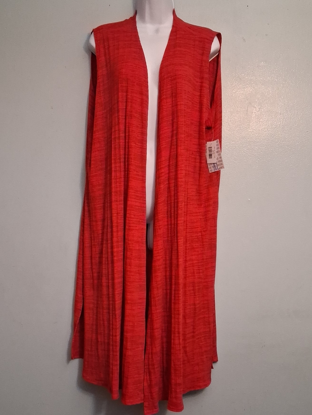 LuLaRoe Size XL women's Red With Black Long Open-Front Sleeveless Duster Vest.